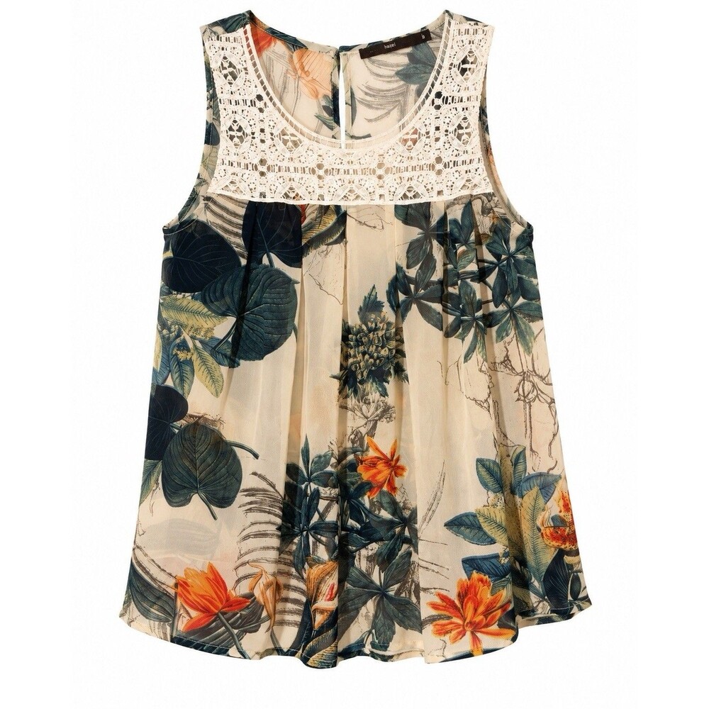 Hazel Womens Small Botanical Floral Blouse Crochet Lace Sleeveless Boho Top S